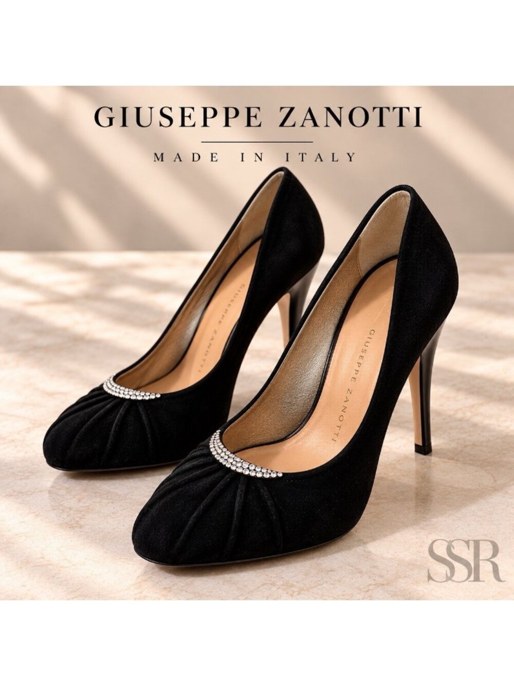 Giuseppe Zanotti Black Suede Crystal Trim Stiletto Pumps EU 38 US 8